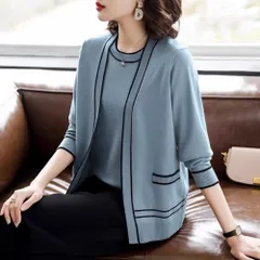 ☆ ブルー ☆ L ☆ ニットカーディガン アンサンブル アンサンブル カーディガン ニットカーディガン レディース ニット トップス カーデガン 羽織り 春 秋 冬 2点セット ニットアンサンブル 上品 通勤 オフィス おしゃれ かわいい セーター