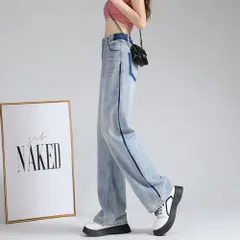 ☆ ブルー ☆ L ☆ ストレート デニムパンツ ハイウエスト ストレート デニムパンツ ハイウエスト ストレートパンツ デニム パンツ ストレートデニムパンツ ハイウエストパンツ ジーンズ ジーパン ロングパンツ 長ズボン ズボン サイドライン ポケット