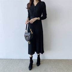 ンピース ニット 秋冬 レディース Vネックニット 大人 長袖 タイトワンピース 上品 エレガント きれいめ ミモレ丈　マキシ丈 袖リブ Aライン 切り替え 秋冬 共布ベルト プリーツスカート チュニック fuzhuang931
