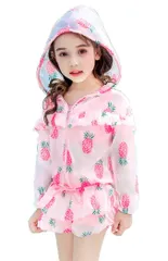 タンキニ 水着 キッズ 水着 水着 上下セット 3点セット セパレート みずぎ 女の子 いちご ラッシュガード 可愛い フード付き ジュニア [レモンツリーセブン] パイナップル フルーツ