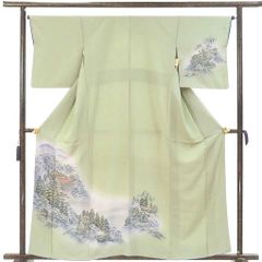 訪問着 身丈160cm 裄65cm 前幅25cm 後幅30cm 袖丈48cm 袖幅33cm レディース 袷 風景画 裄Mサイズ 秋冬春用 正絹（シルク）グリーン 美品 リメイク リユース リサイクル【呉服のきくや】
