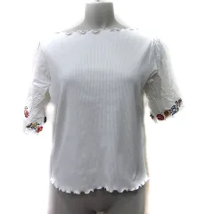 ナイスクラップ NICE CLAUP カットソー リブ 切替 刺繍 白 ホワイト /YI