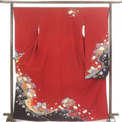 振袖 身丈170cm 裄丈68cm 前幅24cm 後幅30cm 袖丈104cm 袖幅34.5cm レディース 袷 花柄 裄長 裄Lサイズ 秋冬春用 正絹（シルク）レッド トールサイズ 美品 リメイク リユース リサイクル【呉服のきくや】