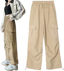 キッソス（ＫＩＳＳＯＳ） レディース カーゴ パンツ ワイドレッグ ポケット ロングパンツ ワイドパンツ ゆったり お洒落 可愛い(ベージュ,  L)