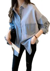 ［ニューセルフ］ レディース 無地 秋 綿 ロング丈 体型カバー デニム シャツ ブラウス ジャケット トップス カジュアル オフィス ビジネス フォーマル チュニック 冬 ポリエステルタンクトップ長め白 ネック 派手 ハーフ 肌色  [ライトブルー] [M]