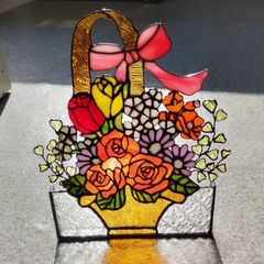 ステンドグラス　薔薇のブーケ ☆ステンドグラス花束パネル フラワーブーケ置物ガラス