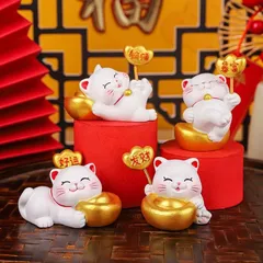 招き猫 置物 オブジェ 4点セット 招財樹 富 繁栄 玄関 リビング 風水 縁起物 贈り物 プレゼント 高級感 運 開運 商売繁盛 黄金 オブジェ 置物 インテリア オフィス