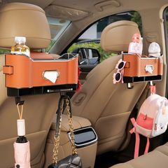 カップホルダー＆ティッシュボックス付き大容量フェイクレザーカーオーガナイザー - 簡単取り付け 車内シート用マルチファンクショナルストレージ