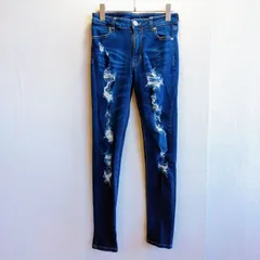 美品⭐️ アンビー ENVYM ダメージジーンズ デニム ストレッチ デカボタン 装飾 YKK ギャル アーバンリアルクローズ URBAN REAL CLOTHES ストリート カジュアル クラッシュ加工 スキニー インディゴ モード タイト リメイク