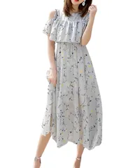 [Four leaf] 肩出しワンピース 小花柄 清楚ワンピ 涼感ドレス 軽やか素材 リゾートコーデ 夏デート服 ウエストゴム仕様 Aライン ビーチリゾート ミモレ丈 (JP, アルファベット, L, グレー) [グレー] [L]