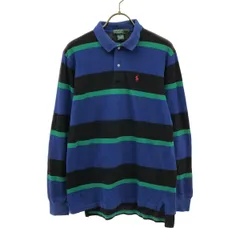 Polo by Ralph Lauren ポロバイラルフローレン 80s ヴィンテージ ボーイズ 緑タグ ボーダー 長袖 ポロシャツ L ブルー系 鹿の子 メンズ 古着