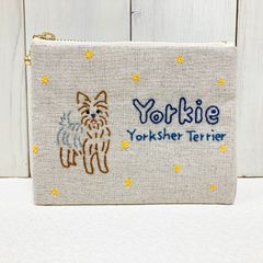 ミニポーチ【ヨークシャー・テリア】　刺し子・綿麻・帆布