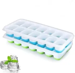 [新品※未使用] 製氷皿 シリコン 製氷器 蓋付き 氷 作る 容器 柔らかい 漏れ防止 蓋つき アイスキューブトレー シリコンモールド お茶やお酒用氷が作れる 取り出しやすい 2個入り (青＋緑)のサムネイル