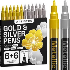 ペイントペン ロックペインティング ゴールド&シルバー 石 金属 セラミック Pens 陶器 磁器 Paint ガラス 木 布 Silver 生地 キャンバス & 油性 12本セット ペイントマーカー Gold 極細 0.7mmのサムネイル