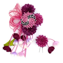 髪飾り 成人式 つまみ細工 赤 振袖 前撮り 袴 2点セット 花 紫 下がり ラインストーン コーム Ｕピン ユニーク 個性的 かんざ No.12-0637