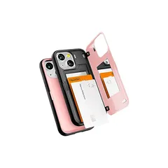 【新品】 Goospery iPhone 13 Mini 用 ケース 背面 カード 収納 マグネット式 バンパー バンパー カバー 5.4 インチ、アイフォン13 Mini ケース カード収納 背面 ケース 2枚 カード入れ カバ― (ピンク/ピンクサンド) 