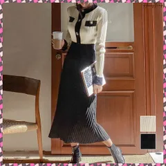 送料無料 ニットセットアップ レディース 韓国風 ニットアンサンブル レトロバイカラー ニットカーディガン ハイウエスト ニットプリーツスカート きれいめツーピースセット 長袖上下セット秋冬 エレガントトップス オフィス通勤服春秋