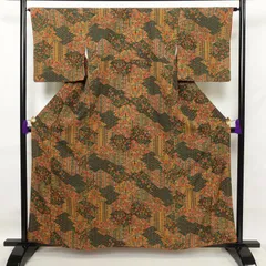 中古 小紋 縮緬 正絹 幾何学柄・抽象柄 袷仕立て 緑・うぐいす色