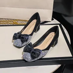 ☆ ブラック ☆ 39(24.5cm) ☆ シューズ リボン ＋5センチヒール mmrs103d チャンキーヒール パンプス 5センチ ローヒールパンプス 5cm スクエアトゥパンプス 5センチヒール 結婚式 パーティー 二次会 2次会 リボン ラメ ビジュー