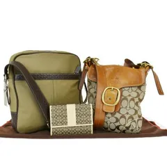 【中古】 3点セット コーチ COACH ショルダーバッグ 財布 シグネチャー ブラウン カーキ キャンバス レザー 08MQ182