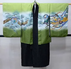 七五三 五歳 男児 羽織・着物・襦袢3点セット 綸子地 竜王 緑地 兜 お仕立て無料 祝着 NO37390-2