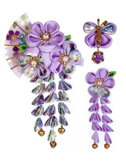 【話題商品】花 卒業式 つまみ細工 結婚式 和装 鈴付き 振袖 手作り 着物 赤 袴 青 浴衣 紫 七五三 ピンク 成人式 白 髪飾り3点セット 5色全15選 [JZOON]