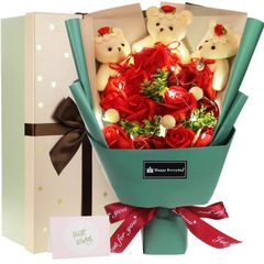 【特売】ソープフラワー 花束 クリスマスギフト 冬ギフト 可愛いくま LEDつきのバラ 石鹸花 赤バラ ボックス入り 創意ギフト 母の日 誕生日 記念日 敬老の日 先生の日 還暦祝い プレゼント バレンタインデー 結婚祝い 昇進 退職祝い お見舞い 新築祝い