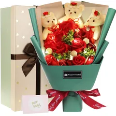 【特売】ソープフラワー 花束 クリスマスギフト 冬ギフト 可愛いくま LEDつきのバラ 石鹸花 赤バラ ボックス入り 創意ギフト 母の日 誕生日 記念日 敬老の日 先生の日 還暦祝い プレゼント バレンタインデー 結婚祝い 昇進 退職祝い お見舞い 新築祝い