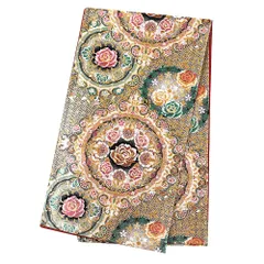 【中古】 袋帯 振袖用 リサイクル 正絹 深緑 薔薇 バラ 華文 七宝繋ぎ 唐織 金糸 銀糸 洋風 中古 かっこいい シック 結婚式 礼 No.6-1570