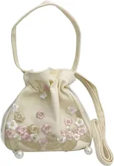 [Liebendo] 巾着バッグ ショルダーバッグ ハンドバッグ 2way 巾着ポーチ ポシェット 刺繍 花柄 浴衣 和装 夏祭り 手提げ 軽量 斜め掛け ボーホー (ピンク) [ピンク]