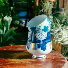 【そよぐ葉の 映る湯呑みの 青と白】𖣔 オリジナル湯呑み鉢・プランター・3種類セット 𖣔 和風・小鉢・小型【美品 セット売り デスク テーブル 卓上 観葉 多肉 植物 和風 植木 鉢  ハンドメイド 陶器 磁器 昭和 レトロ アンティーク 雑貨 ギフト】