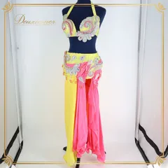 ベリーダンス オリエンタル 衣装 上下セット イエロー系 黄色 ピンク系 シルバー系 ラインストーン ラメ 装飾 練習 舞台 発表会 イベント エスニック アクセサリー スタイル ダンス コスチューム パフォーマンス 衣装セット フェスティバル カラフル