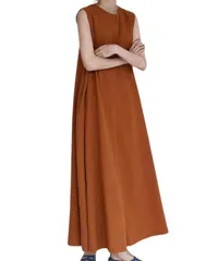 [Elixio] [エリクシオ] ロングワンピース ワンピース ノースリーブ Aライン クルーネック 綿 リネン ゆったり 大きいサイズ 体型カバー 夏 きれいめカジュアル 無地 おしゃれ (JP, アルファベット, L, 茶) [ブラウン] [L]