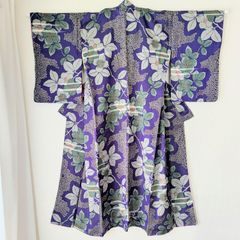 Japanese Antique Kimono Robe Dress Silk Meisen Purple Floral pattern 着物 アンティーク 正絹 銘仙 袷 紫 芙蓉柄 バチ衿 大正浪漫 時代布 古布 和洋折衷