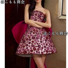 【美品・未使用新品】ミニ ドレス パーティードレス カラードレスANGEL 新作 ベアトップ フラワー ラメ スパンコール リボン トレーン 背中編上げ Aライン ミニドレス パープル 紫 ピンク