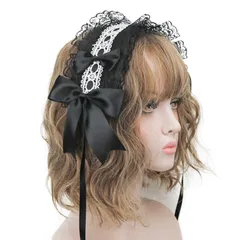 【在庫セール】(黒+白) 多色選択 lolita メイドカフェ キュート かわいい ヘアクリップ付き 蝶結び リボン レース カチューシャ ヘアアクセサリー 髪飾り ゴスロリ ロリータ ヘッドドレス Sitengle