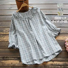 ブラウス シャツ トップス 7分袖 シャツブラウス 綿麻 コットン リネン チェック柄 春 プルオーバー カジュアル 大きいサイズ ゆったり フリル フレア かわいい