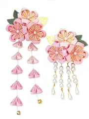 人気商品花 卒業式 つまみ細工 結婚式 和装 鈴付き 振袖 手作り 着物 赤 袴 黄 浴衣 紫 七五三 ピンク 成人式 グレー 髪飾り2点セット 白と青 [JZOON] 6色