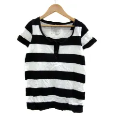 シュカ Shuca Tシャツ カットソー 半袖 ヘンリーネック ボーダー柄 M 黒 ブラック 白 ホワイト /YS20