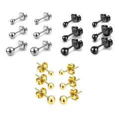 【在庫セール】人気 シンプル 人気 アクセサリー 両耳用 誕生日 記念日 金属アレルギー プレゼント(3mm 丸玉(ボール)ピアス 4mm サージカルステンレス 5mm) シルバー&ブラック&ゴールド レディース セット ピアス 9ペア
