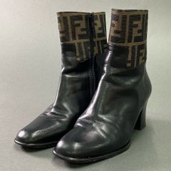 1e10 FENDI フェンディ ズッカ柄 サイドジップ ショートブーツ レザー シューズ チャンキーヒール 35 1/2 ブラウン系 ブラック 本革