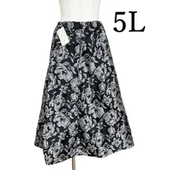 新品タグ付き　ニッセン　スマイルランド　5L ゴブランスカート　オケージョンスカート　ウエストゴム　フレアスカート　ロングスカート　花刺繍　黒　白　モノトーン　5L