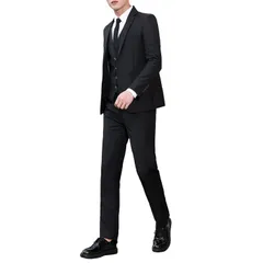 3XL_ブラック [WEEN CHARM] スーツ メンズ スリーピース セットアップ チェック柄 ストライプ ビジネス スリム 結婚式 礼服 フォーマル オールシーズン対応