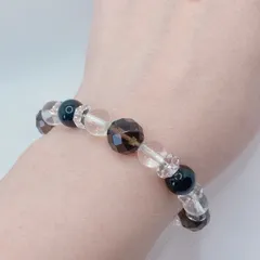 厄除け・癒し☘天然石パワーストーン　ブレスレット☘スモーキークォーツ64面カット10mm モリオン8mm 水晶10mm ボタンカット水晶6mm×3mm《送料無料》