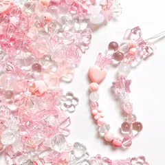 【数量限定】Harovo ビーズ ミックス 120個 デコビーズ パーツ 透かしビーズ アクセサリー 手芸 ストラップパーツ ハンドメイド 材料 初心者向け 手芸ひも付き（ピンク）