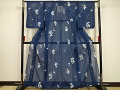夏着物】身丈163cm 青色 小紋 洗える 水色 色とりどりな花柄 薄物 K 
