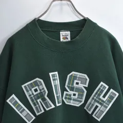 90s USA製 FRUIT OF THE LOOM フルーツオブザルーム チェック柄 アップリケ デザイン カレッジロゴ スウェットシャツ トレーナー パッチワーク ダークグリーン ヴィンテージ ビンテージ アメリカ古着 メンズXLサイズ