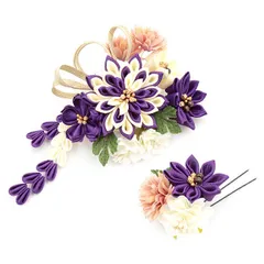 髪飾り 成人式 つまみ細工 ゴールド 振袖 前撮り 袴 花 紫 白 ピンク 下がり 組紐 ビーズ 和柄 小さい 2点セット 着物 和装 か No.9-5322