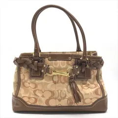 良品 COACH コーチ シグネチャー キャンバス レザートート バッグ ベージュ系 a4465