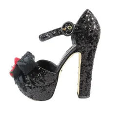 未使用 DOLCE&GABBANA ドルチェアンドガッバーナ レース ストロベリー リボン ビジュー サンダル スパンコール ハイヒール 靴 黒 38 レディース 古着 中古 USED